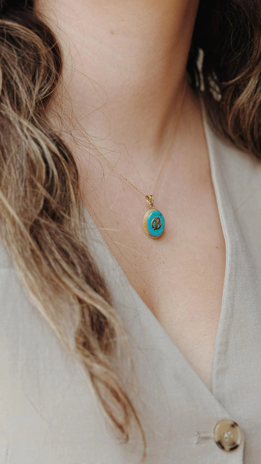 Firuze Taşlı Tek Harfli Kolye | 14 Ayar Altın