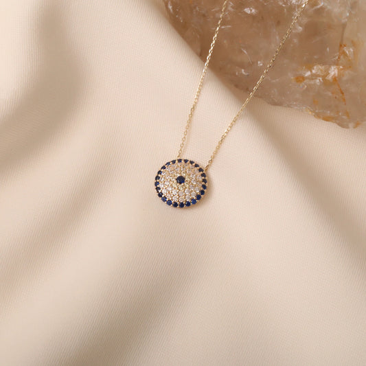 Taşlı Nazar Boncuklu Kolye | 14 Ayar Altın