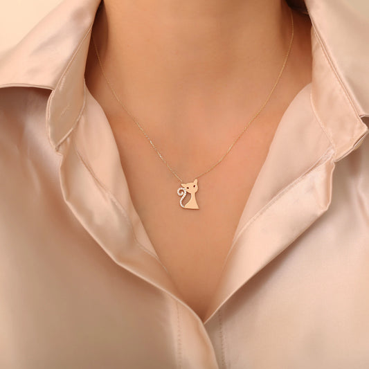 Taşlı Kedi Figürlü Kolye | 14 Ayar Altın
