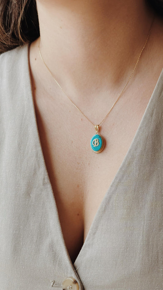 Firuze Taşlı Tek Harfli Kolye | 14 Ayar Altın