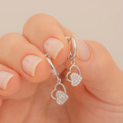 Taşlı İç İçe Kalp Küpe | 925 Ayar Gümüş