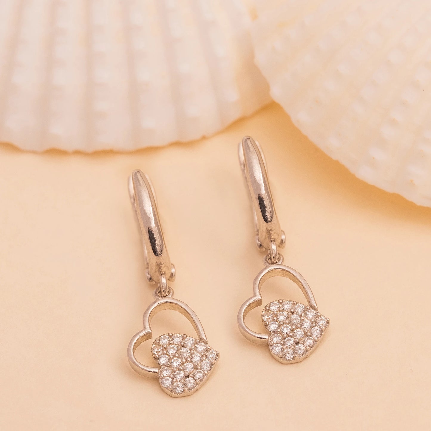 Taşlı İç İçe Kalp Küpe | 925 Ayar Gümüş