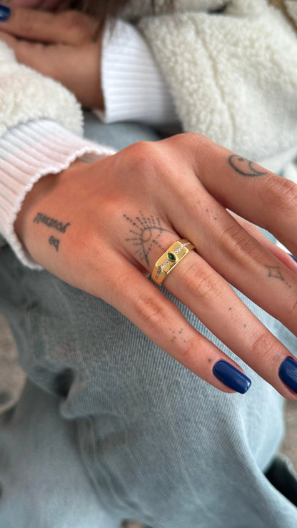 Yeşil Taş Detaylı Minimal Yüzük | 925 Gümüş